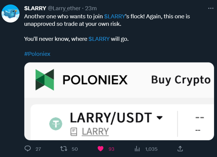 EricCryptoman's tweet photo. Not even 16hours since launch &amp; @_AscendEX @Poloniex &amp; @bitforexcom have all bought up $LARRY &amp; listed it for free without even talking to the team.

Interesting stuff indeed. Looks like these CEXs can see a winner &amp; want to get a share of that big volume before it starts.

Up. https://t.co/sAApiVEMm8