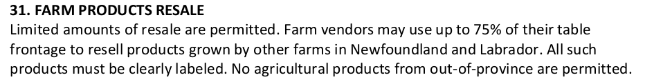 There's a 'blanket' 75% resale policy on farm tables at markets in Clarenville, Gander and Grand Falls - Windsor. This is outrageous. It's anti-competitive, monopolistic & discriminatory against small farms they say they support #nlpoli #cdnpoli #nlfarmersmarkets #coastalorganic