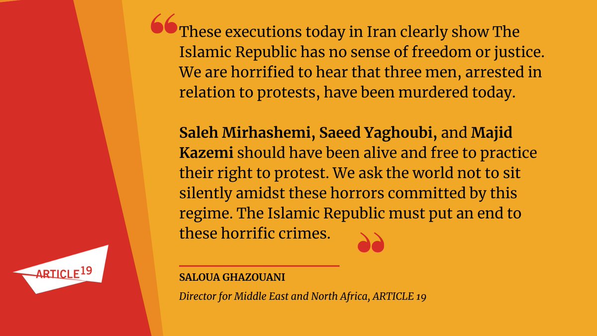 We are horrified to hear that Saleh Mirhashemi, Saeed Yaghoubi, and Majid Kazemi, arrested during protests, were executed today in #Iran. We ask the world to continue to sanction and pressure the Islamic Republic until it stops these horrific crimes. theguardian.com/world/2023/may……