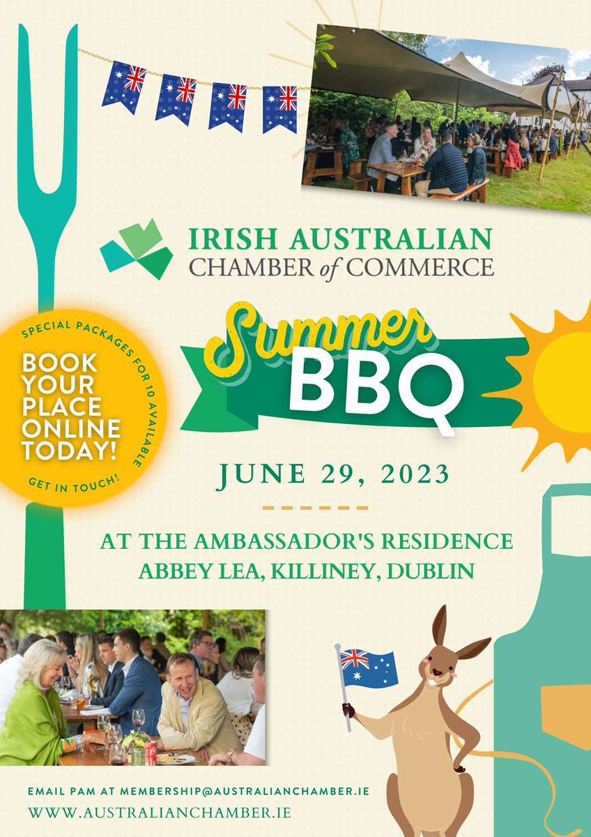 We are delighted to announce our Annual Summer BBQ at Abbey Lea, the Australian Ambassadors Residence in Killiney.  To book your tickets please go to australianchamber.ie/events or get in touch with our Membership Development Manager Pam at membership@australianchamber.ie