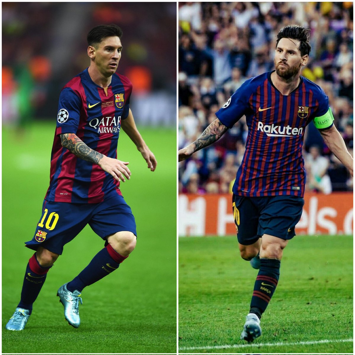 Describe both versions of Messi with one word 🤔

🐐 2014/15                   🐐 2018/19
🏟️ 57 Games                🏟️ 50 Games
🥅 58 Goals                  🥅 51 Goals
🅰️ 31 Assists                🅰️ 22 Assists