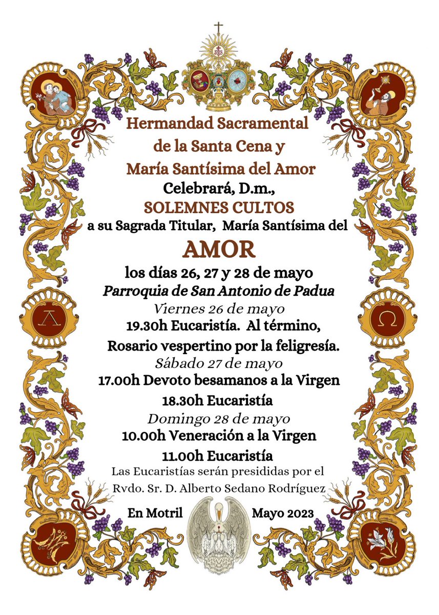SantaCenaMotril's tweet photo. SOLEMNES CULTOS EN HONOR A MARÍA SANTÍSIMA DEL AMOR

Los días 26, 27 y 28 de mayo se celebrarán los Solemnes Cultos en honor a María Santísima del Amor en la Parroquia de San Antonio de Padua.
¡EL AMOR NOS ESPERA! https://t.co/okxvO78nsb