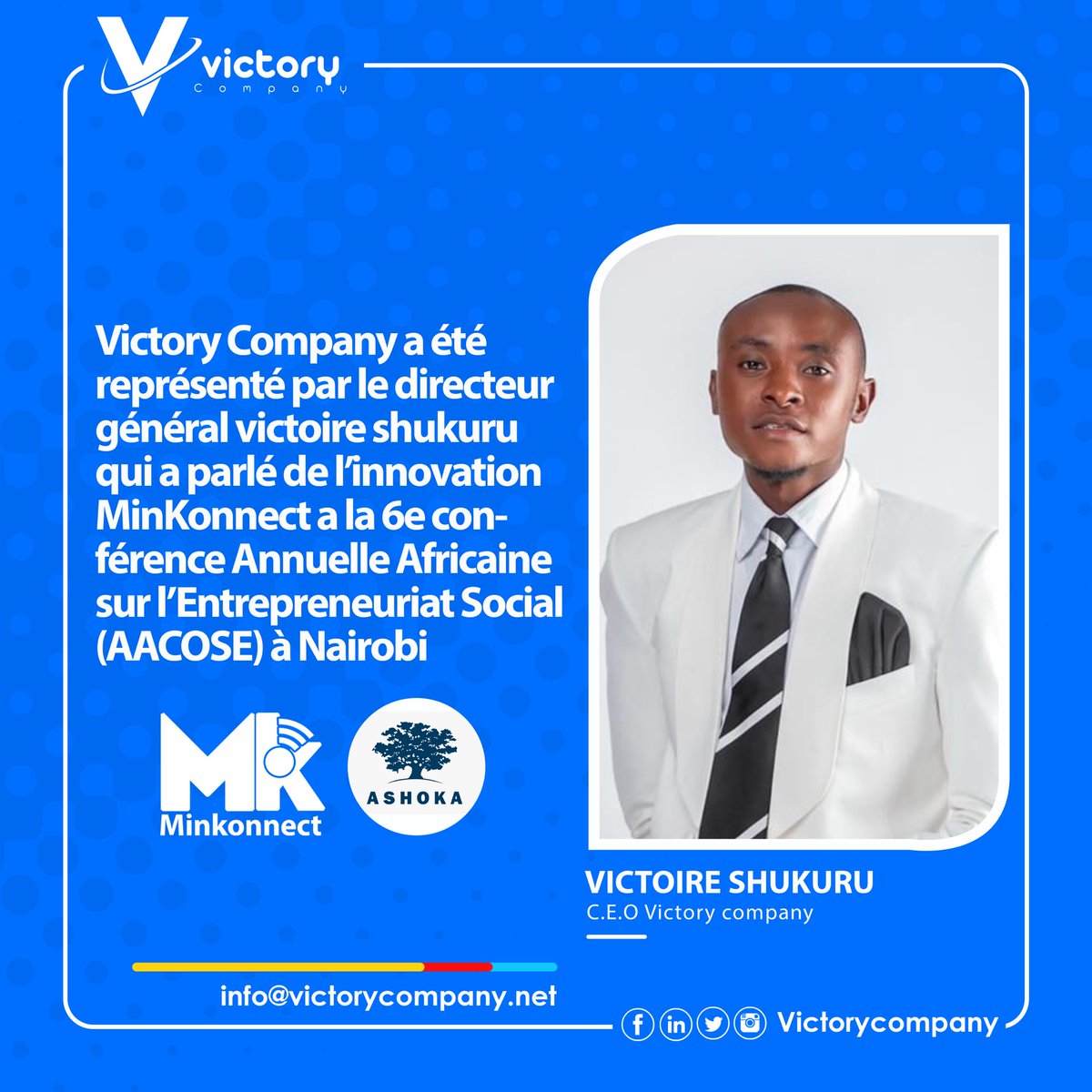 Le DG de <a href="/victorycompany0/">victorycompany</a> , a présenté l'innovation MinKonnect à la conférence annuelle africaine sur l'entrepreneuriat social <a href="/aacose_org/">AACOSE</a> à Nairobi. Cette plateforme connecte les producteurs artisanaux de minerais et les acheteurs potentiels via mobile et SMS USSD. <a href="/AshokaAfrica/">Ashoka Africa</a>