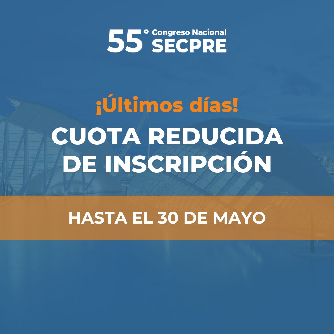 Congresosecpre's tweet photo. 📢 CUOTA REDUCIDA DE INSCRIPCIÓN 📢

¿Aún no te has apuntado a nuestro Congreso? Aprovecha 𝗹𝗮 𝗰𝘂𝗼𝘁𝗮 𝗿𝗲𝗱𝘂𝗰𝗶𝗱𝗮 hasta el 𝗱í𝗮 𝟯𝟬 𝗱𝗲 𝗺𝗮𝘆𝗼 a las 23.59h.

➡️https://t.co/51KbEq8GUq

¡No pierdas la oportunidad de asistir!  

#55CongresoSECPRE #SECPRE https://t.co/DVh55V9b1R