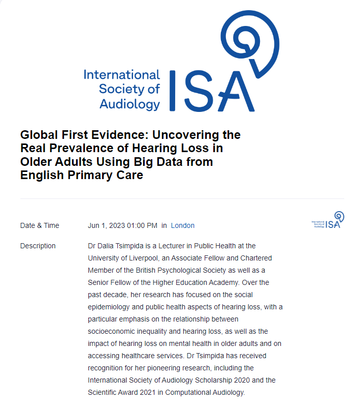 DrDaliaTsimpida's tweet image. Excited to announce that I'll be presenting my latest research at the 'Global home of Audiology' Webinar Series 23 @Audiology_ISA! Looking forward to sharing my findings with the global community. #publichealth #audpeeps
@LivUniPHPS
LINK FOR REGISTRATION✍️
us06web.zoom.us/webinar/regist…