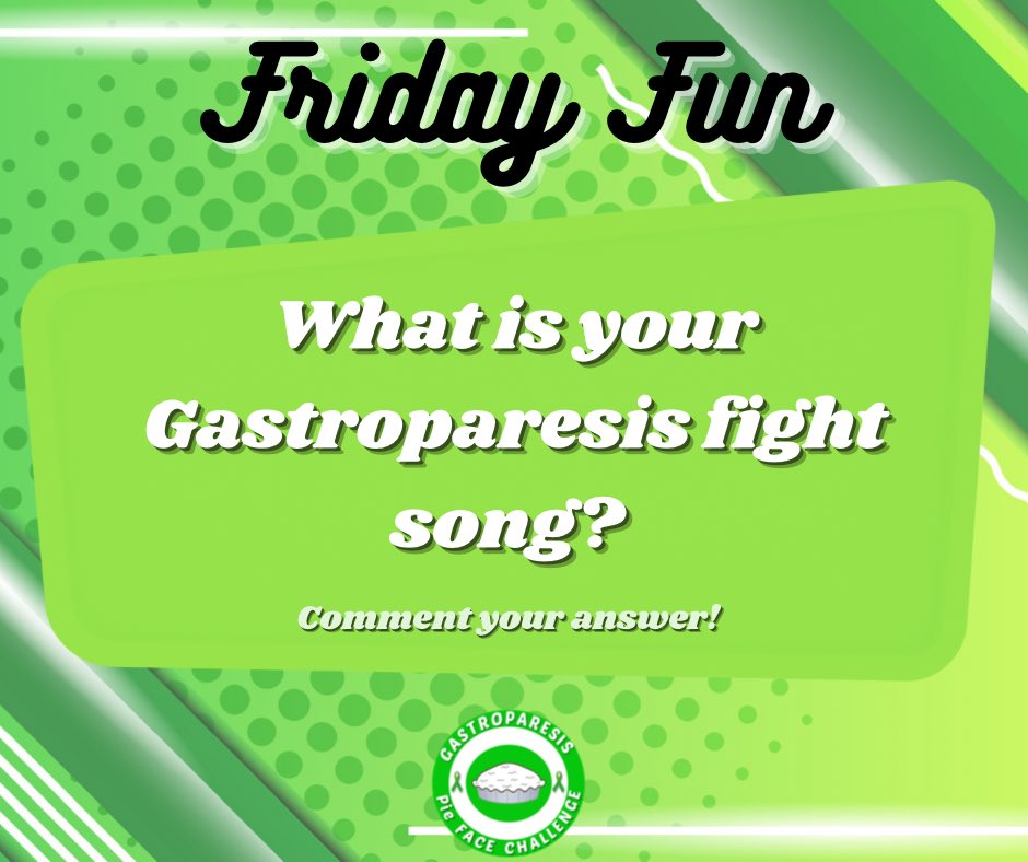 #FridayFun 

I’m currently on my way to see Taylor Swift so…

What is your Gastroparesis fight song? 

In other words, what song do you believe embodies your GP journey? Or what song do your draw inspiration from? 

Comment your songs below! 

 #CureGP #Awareness #Pie #Challenge