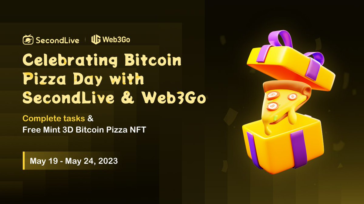 din_lol_'s tweet photo. 🎉🍕 Join us in commemorating #BitcoinPizzaDay with #Web3Go & #SecondLive

🎁 #giveaway 500 3D Bitcoin Pizza NFT WL spots

To enter 

❤️ Follow @Web3Go & @SecondLiveReal

🔁 RT & @ 3 friends

✅ Complete: https://t.co/UYaimphZ6b

⏰ Ends: 12:00 UTC May 24

 #CryptoFestivities #SecondLivePizza #bitcoin #Web3Go