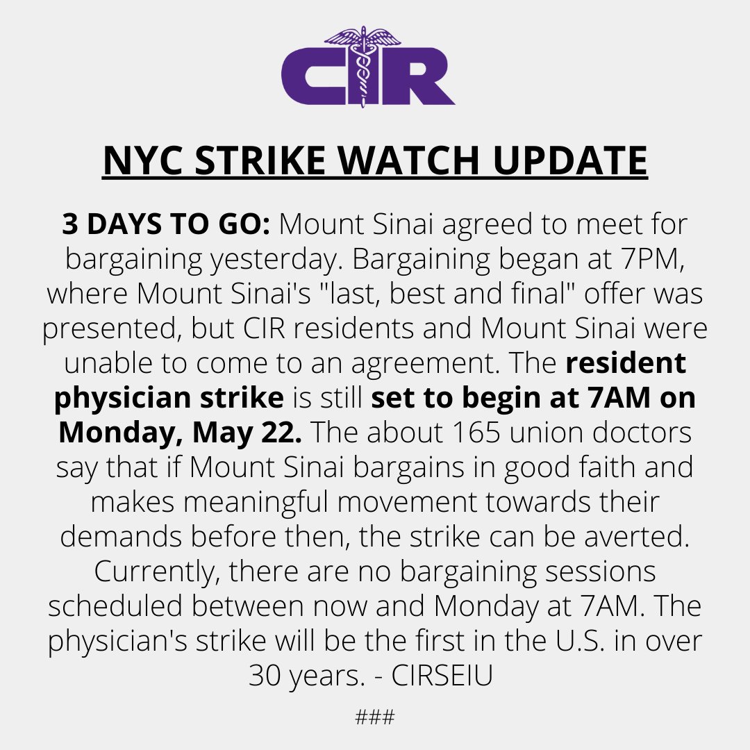 3 DAYS TO GO update on @MountSinaiNYC and Elmhurst Hospital CIR resident physician bargaining: NO DEAL. 

We are more frustrated than ever and we feel we have no choice but to be #QueensStrikeReady for Monday at 7AM. It's time to invest in Queens. #NYCDocsStrike #ForOurHealth