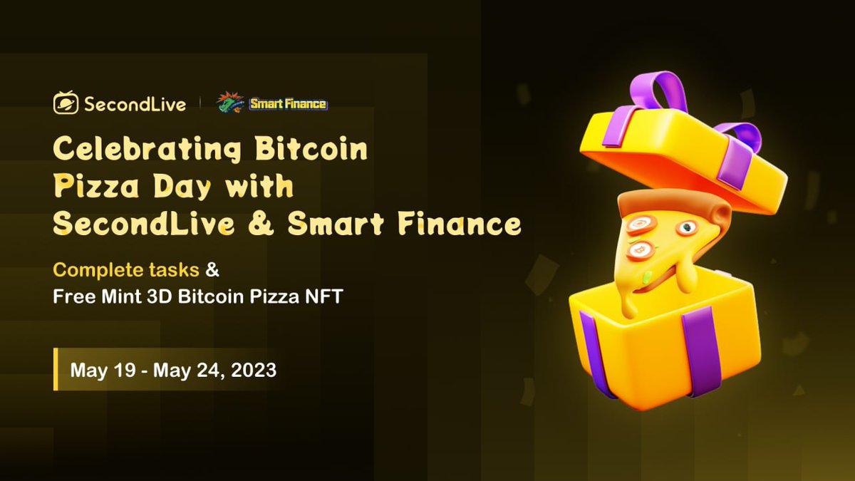 SmartFinanceNFT's tweet photo. 🎉🍕 Join us in commemorating #BitcoinPizzaDay with #Smart Finance & #SecondLive

🎁 #giveaway 500 3D Bitcoin Pizza NFT WL spots

To enter 

❤️ Follow @SmartFinanceNFT & @SecondLiveReal

🔁 RT & @ 3 friends

✅ Complete: https://t.co/qi6mANJPWA

⏰ Ends: 12:00 UTC May 24

 #CryptoFestivities #SecondLivePizza #bitcoin