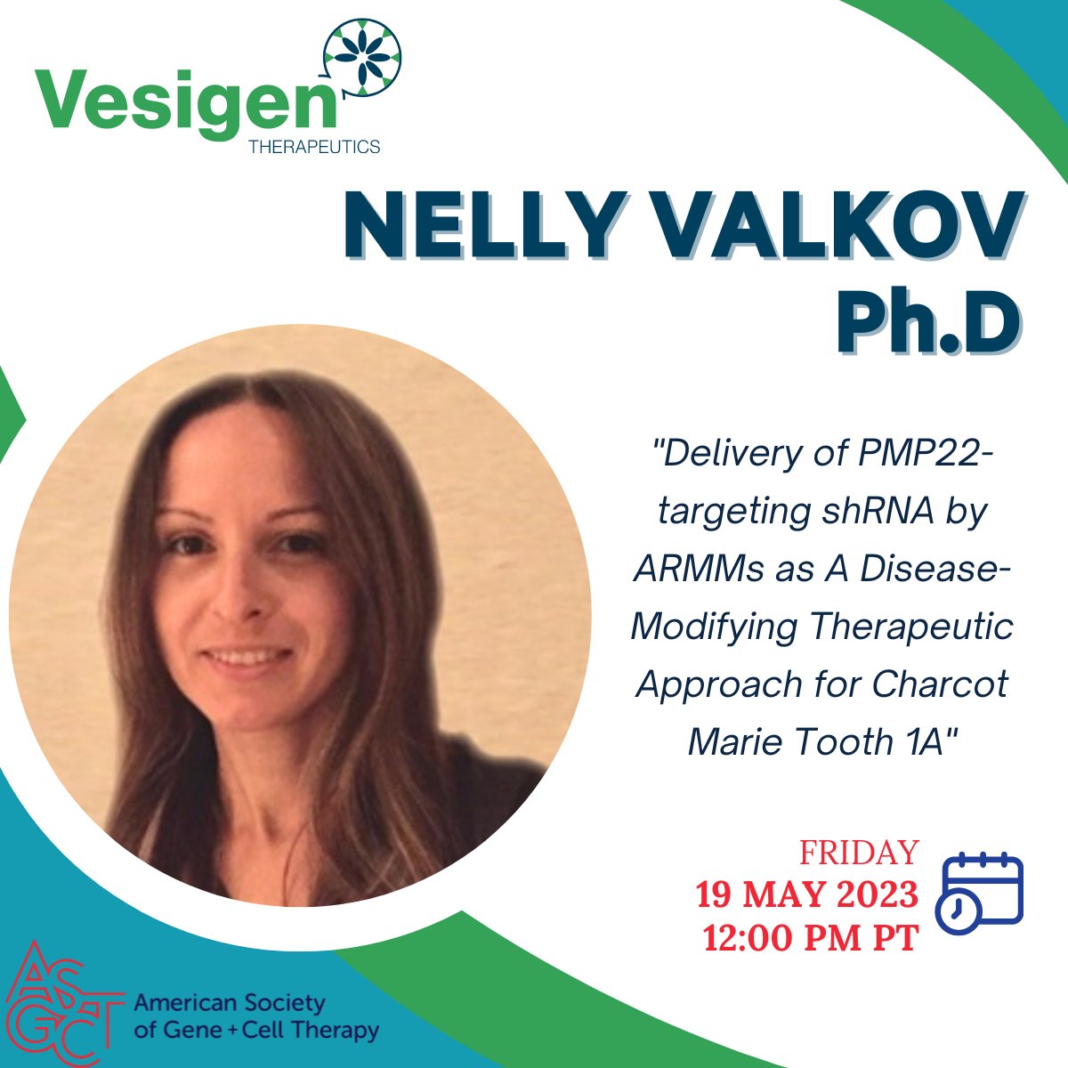 Vesigen's tweet photo. Vesigen's #asgct2023 presentations continue today at 12:00 PM PDT. Stop by Kristin Luther and Nelly Valkov's posters to learn about our scalable manufacturing platform for #ARMMs and their delivery of #shRNA as a therapeutic approach! https://t.co/Md1eJBOhAz