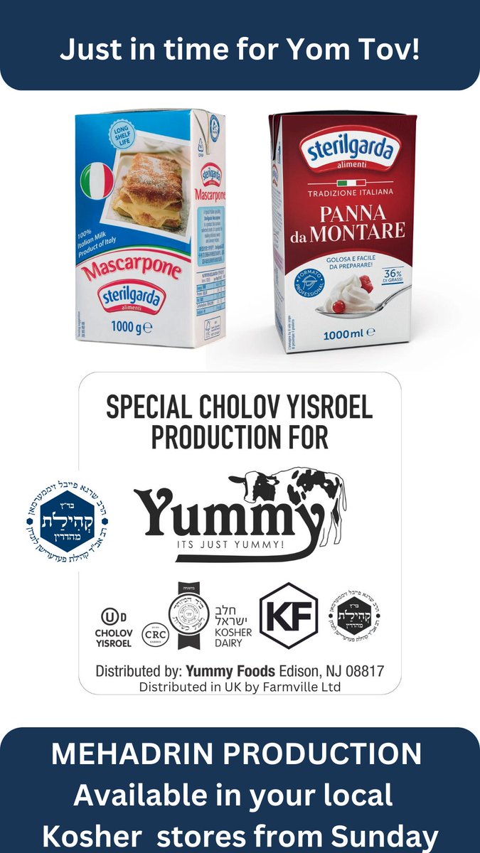 FederationUK's tweet photo. Just in time for Yom Tov!! Italian Mascarpone cheese for your last minute Yom Tov treats. Under #Kehillas - Rav Zimmerman's #Mehadrin Hashgocho - Look out for the label in a kosher store near you.
https://t.co/a01MJENjkQ https://t.co/VwlMuUaQP6