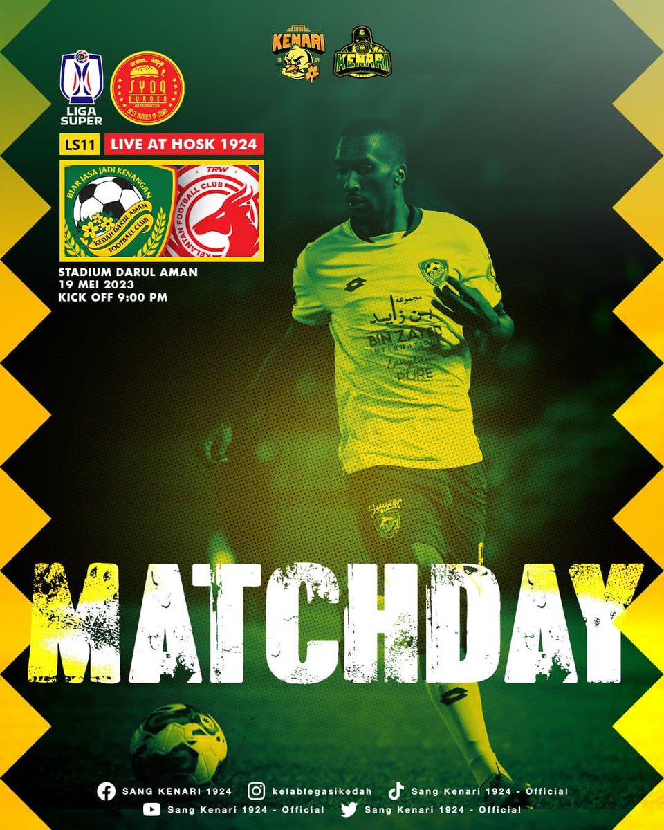 klegasikedah's tweet image. &quot;MATCHDAY!&quot;
.
#LigaSuper2023 #LS11 #KDAFC #alorsetar #KDATRWK #stadiumdarulaman #thisisdarulaman #2023season #pulunkedahpulun  #hijaukuning #houseofsangkenari1924 #kelablegasikedah #kenari24store #kenarimedia #berjuanglahsejiwamurni #biarjasajadikenangan #kedahseratarata