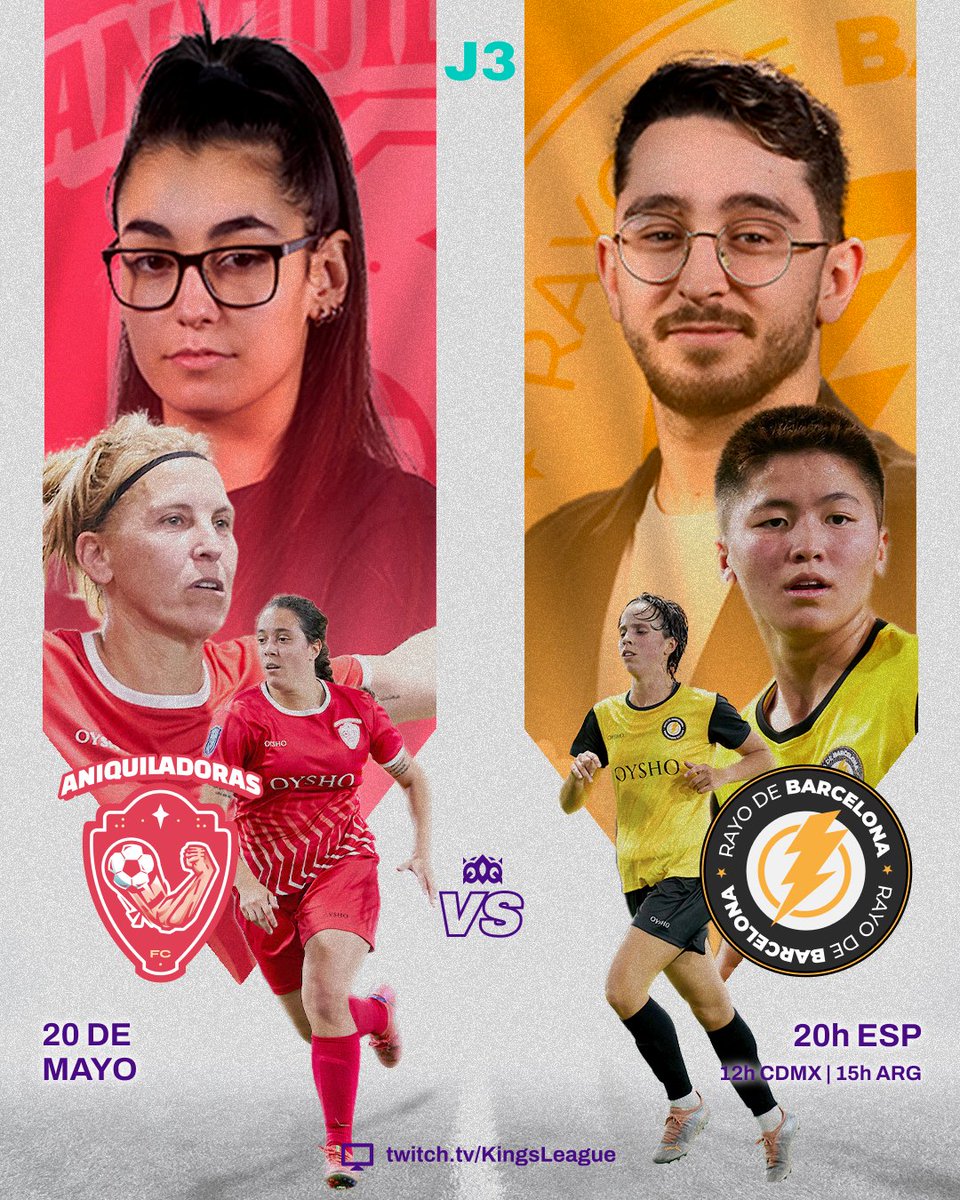 .<a href="/AniquiladorasFC/">𝗔𝗻𝗶𝗾𝘂𝗶𝗹𝗮𝗱𝗼𝗿𝗮𝘀 𝗙𝗖</a> 🆚 <a href="/RayoBCNFEM/">Rayo de Barcelona FEM</a> 

🗓 Sábado 20 de mayo a las 20h. 

📺 twitch.tv/KingsLeague

#QueensLeague #Oysho