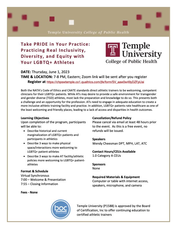 Start off Pride Month by learning how to provide real inclusivity, diversity and equity for LGBTQ+ athletes! Join us for this free CE event on 6/1 at 7 PM. Register at chpswtemple.co1.qualtrics.com/jfe/form/SV_aa…