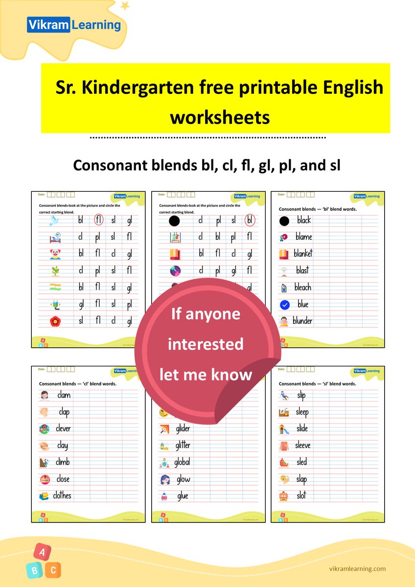 VikramLearning's tweet photo. UKG - Consonant Blends bl, cl, fl, gl, pl and  sl
Download free printable PDF #worksheets
https://t.co/kp99TO6G72 https://t.co/rxP2DTRXOe