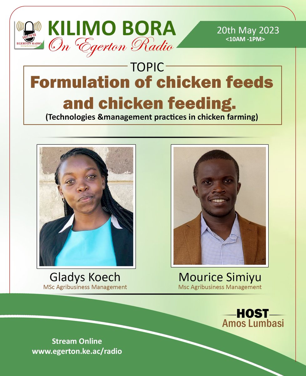 GladysJepchir18's tweet photo. Tomorrow we'll be on air at Egerton radio on Kilimo Bora show. We will be having a session on chicken feed formulation and feeding, technologies and management practices in chicken farming.
Stream live on https://t.co/dp6DGF1O5M
#tagdevprogram
#Ruforum
#EgertonUni https://t.co/AVnDiHH2aN
