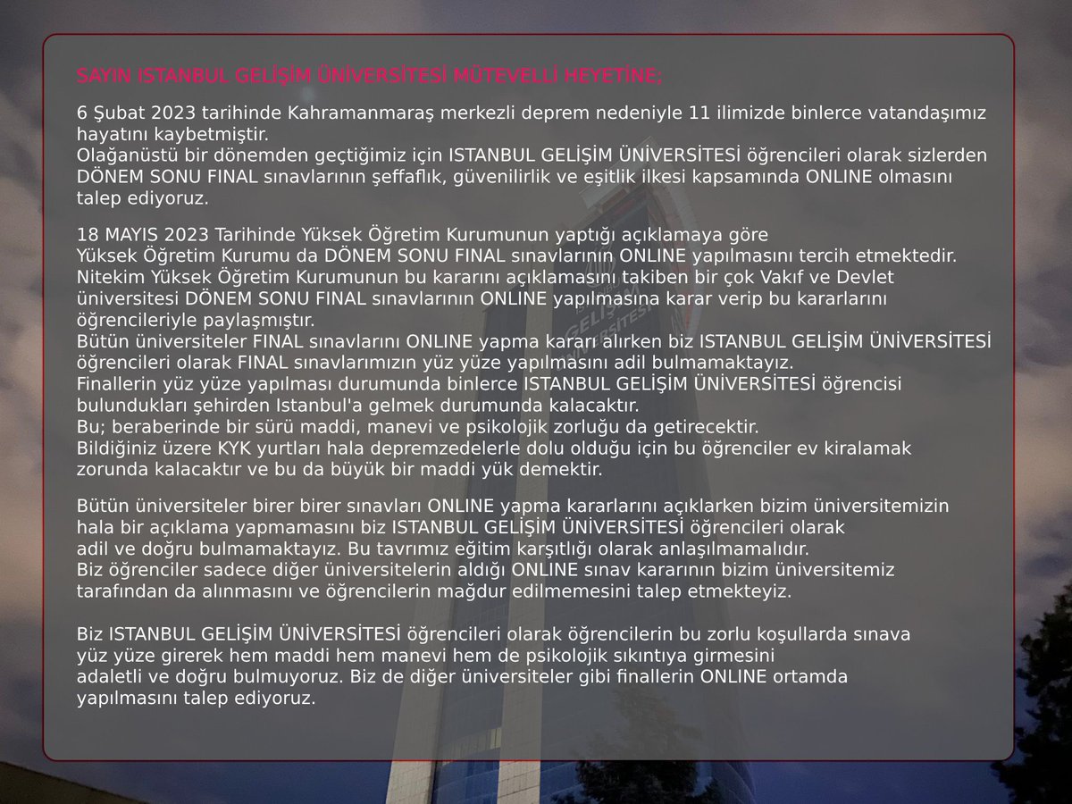 dillarrax's tweet photo. İstanbul Gelişim Üniversitesi öğrencileri olarak final sınavlarının online olmasını istiyoruz çoğu üniversite online a döndü. Çoğu kişinin kalacak yeri yok. Finaller online olsun. @gelisimedu @YuksekogretimK @erolozvar @Ykskgrtm #gelisimunionlineistiyor https://t.co/bRMbxqv80N