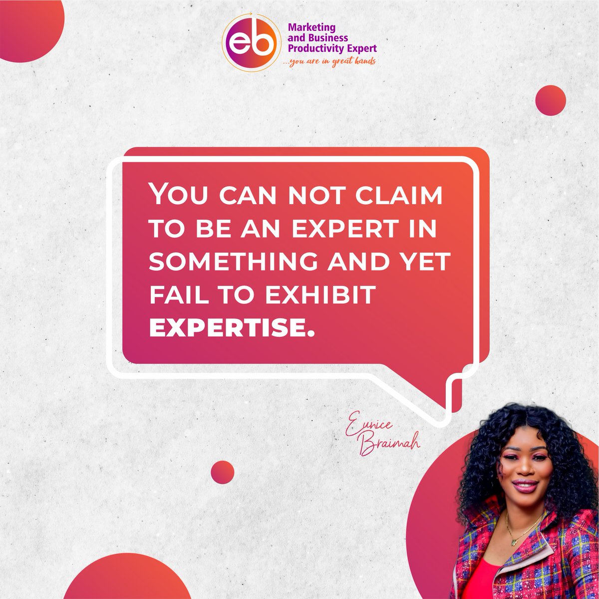 You can not claim to be an expert in something and yet fail to exhibit expertise- Eunice Braimah
.
.
#eunicebraimah #productivityguru #productivity #businessexpert #flawlessexecutions #lagos #marketingagency #marketingadvice