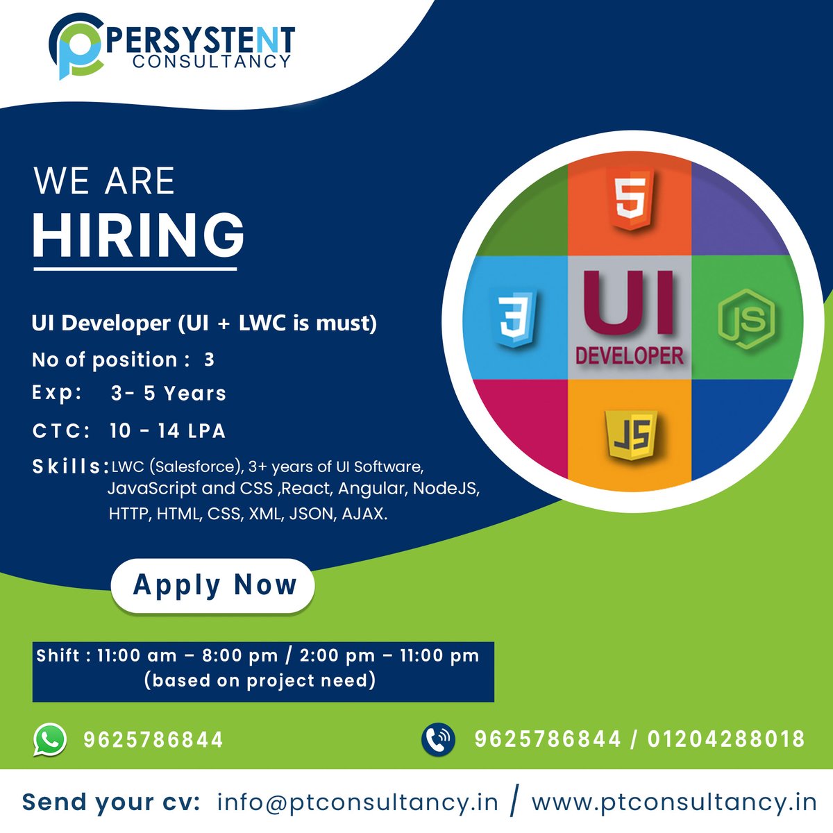 ptconsultancy1's tweet image. Hiring UI Developer (UI + LWC is must)
Experience - 3 to 5 Years
Salary - 10 to 14 LPA
Apply at link :- bit.ly/we-are-hiring-…
Key Skills:- LWS(Salesforce), Java Script and CSS, React, Angular, Node JS, HTML, XML, JSON, Ajax etc.
Mail id:- ptcon2020@gmail.com
#hiringuideveloper