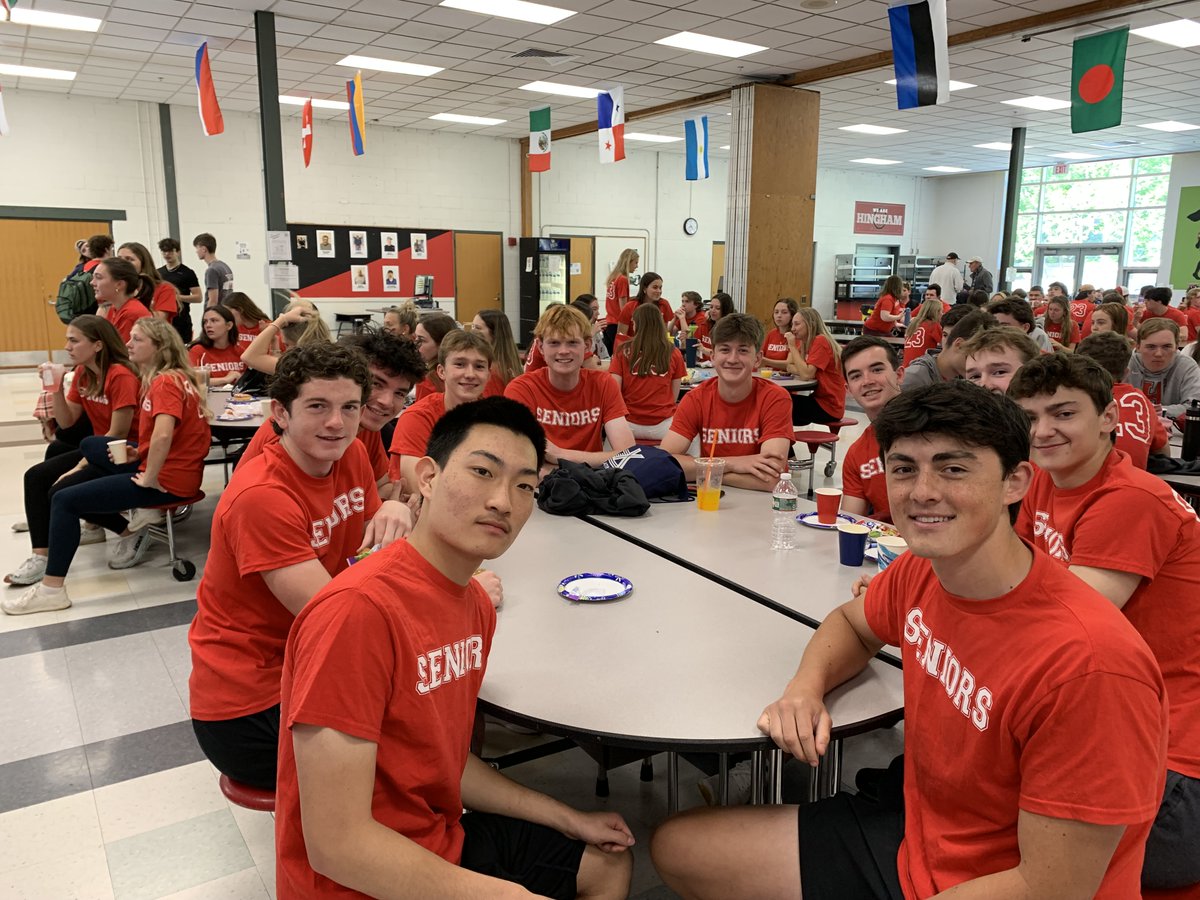 These red T-shirts and smiling faces will soon be seen all around town, as HHS seniors  participate in today's annual "Harbormen Helping Hingham" day of community service.