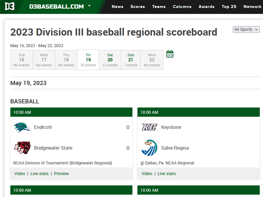 Playoffs start at 10 am eastern today. Follow all the activity at the Regional scoreboard at: d3baseball.com/playoffs/2023/… #d3baseball