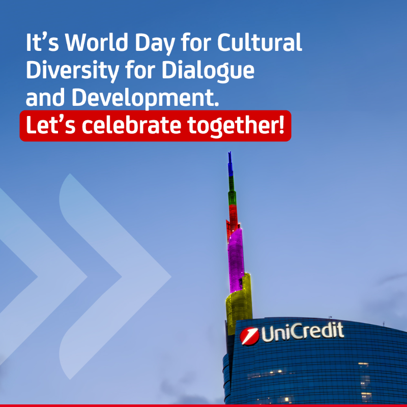 UniCreditEurope's tweet photo. ๐ #OurFuture: today we celebrate the World Day for Cultural Diversity for Dialogue and Development!
๐ On this special occasion we reflect on the value of culture and diversity, while our #UniCreditTowerโs spire will be lit up in yellow, violet, red, green and blue.