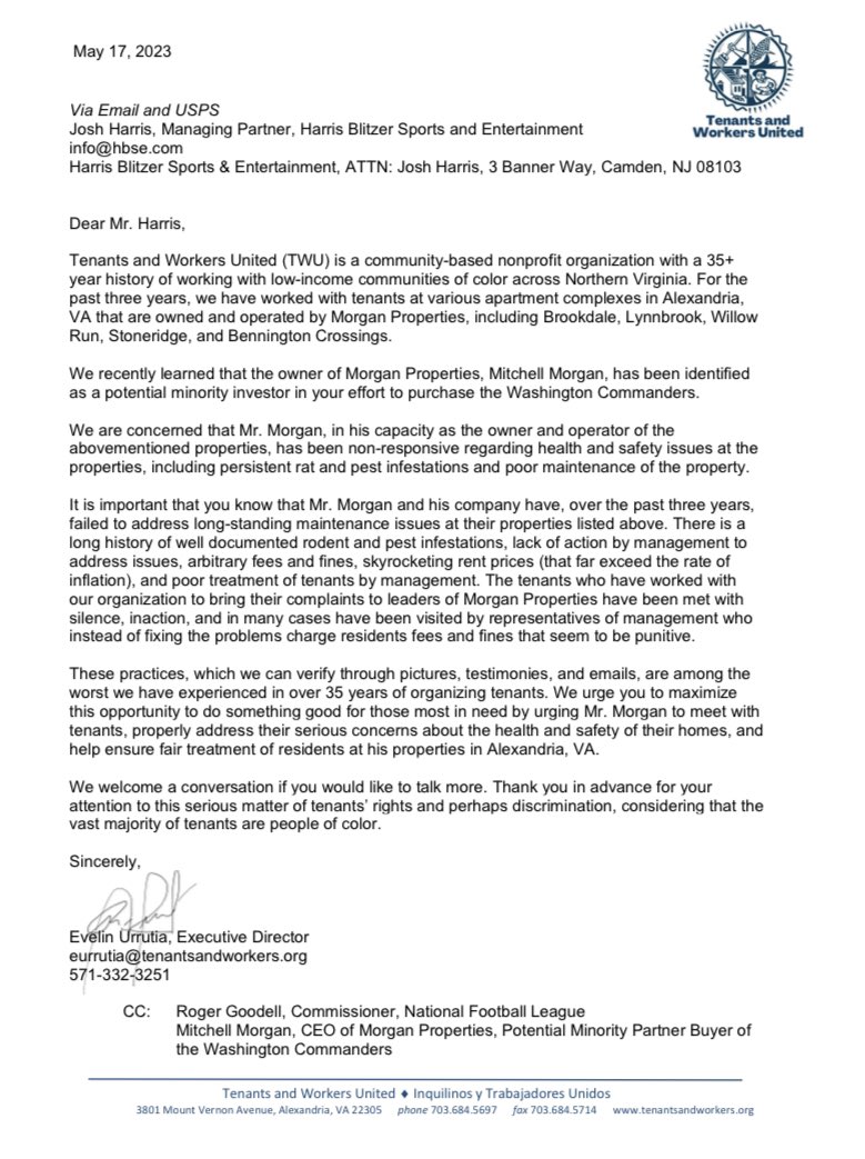 Sam4TR's tweet photo. TWU sent letters protesting Mitchell Morgan to Josh Harris, Roger Goodell and Morgan himself.

In them, TWU alleges Morgan and his company have failed to address “longstanding and widespread maintenance issues and infestations of pests and rodents” at several properties. https://t.co/mftLoRSPAP