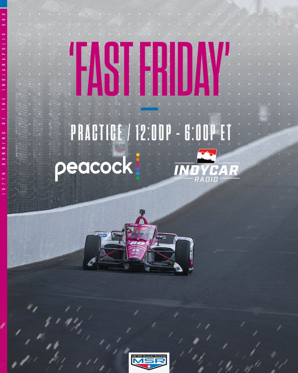 MeyerShankRac's tweet image. You know what day it is...#FastFriday! Turn those engines up. Big day ahead, so don't miss a moment of the action. 

📺 Peacock TV
📻 @IndyCarRadio 

#Indy500 // #DRVPNK