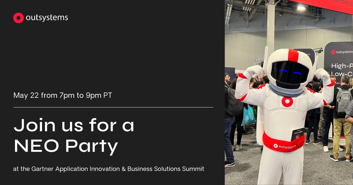 OutSystems's tweet image. NEO is ready for #GartnerAPPS; are you? 

Join us for a space-themed NEO Party on May 22! 🌠 Grab some special #OutSystems swag, enjoy live entertainment and mingle with the one and only NEO. 

👋 All attendees are welcome! bit.ly/3nNeTuI