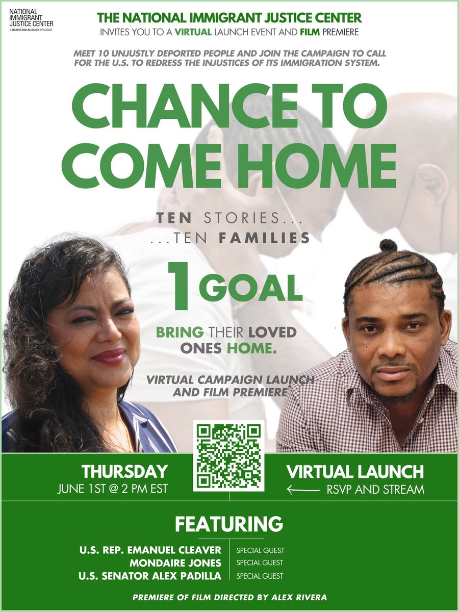 JOIN US: film premiere &amp; launch of campaign to give the unjustly deported a #ChancetoComeHome!!

10 🔥deported leaders, members of Congress (<a href="/SenAlexPadilla/">Senator Alex Padilla</a>, <a href="/repcleaver/">Rep. Emanuel Cleaver</a>, <a href="/RepEspaillat/">Adriano Espaillat</a>) &amp; first-ever screening of 🎥 on the deported

🚀June 1, 2 pm EST🚀 

👇🏽🧵preview &amp; register