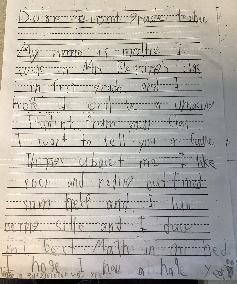 MsGinaBlessing's tweet photo. Letters to their future second grade teachers. They are so excited for their next adventure!! @PR_Patriots #opsfortheirfuture #firstgrade https://t.co/bbjw4CTA97