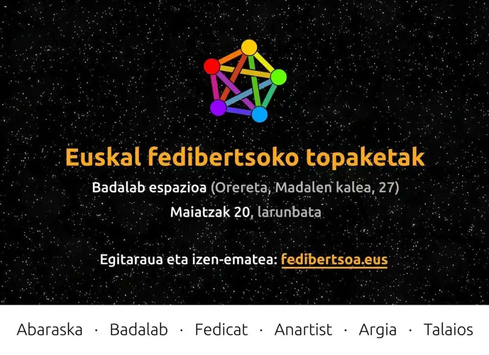ArabaHizpide's tweet photo. Mikel Gartzia (Abaraska): “Software librea paradigma aldaketa bat da".

Larunbat honetan ospatuko dira Euskal Fedibertsoko Topaketak Oreretan.

📻 Hemen entzungai: https://t.co/Let7Exp9J7 https://t.co/lunmoYEthQ
