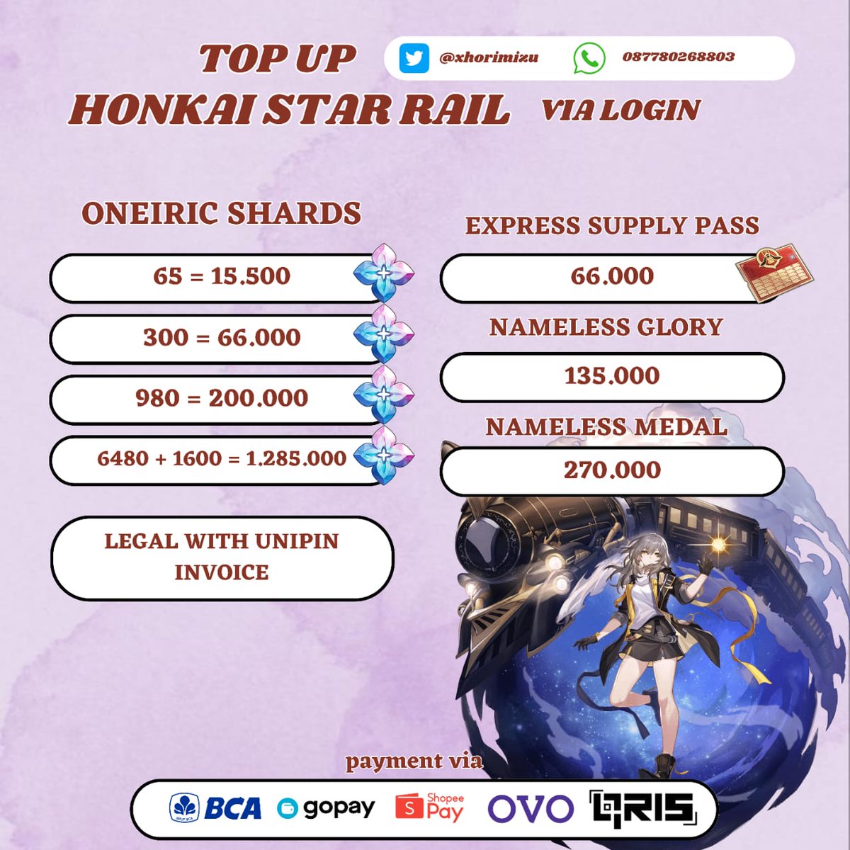 xhorimizu's tweet photo. @lapakstarrail Nameless glory + ESP promo 64k aja, totalnya jadi 199k ya nderr <3 https://t.co/itBoqUvxHH