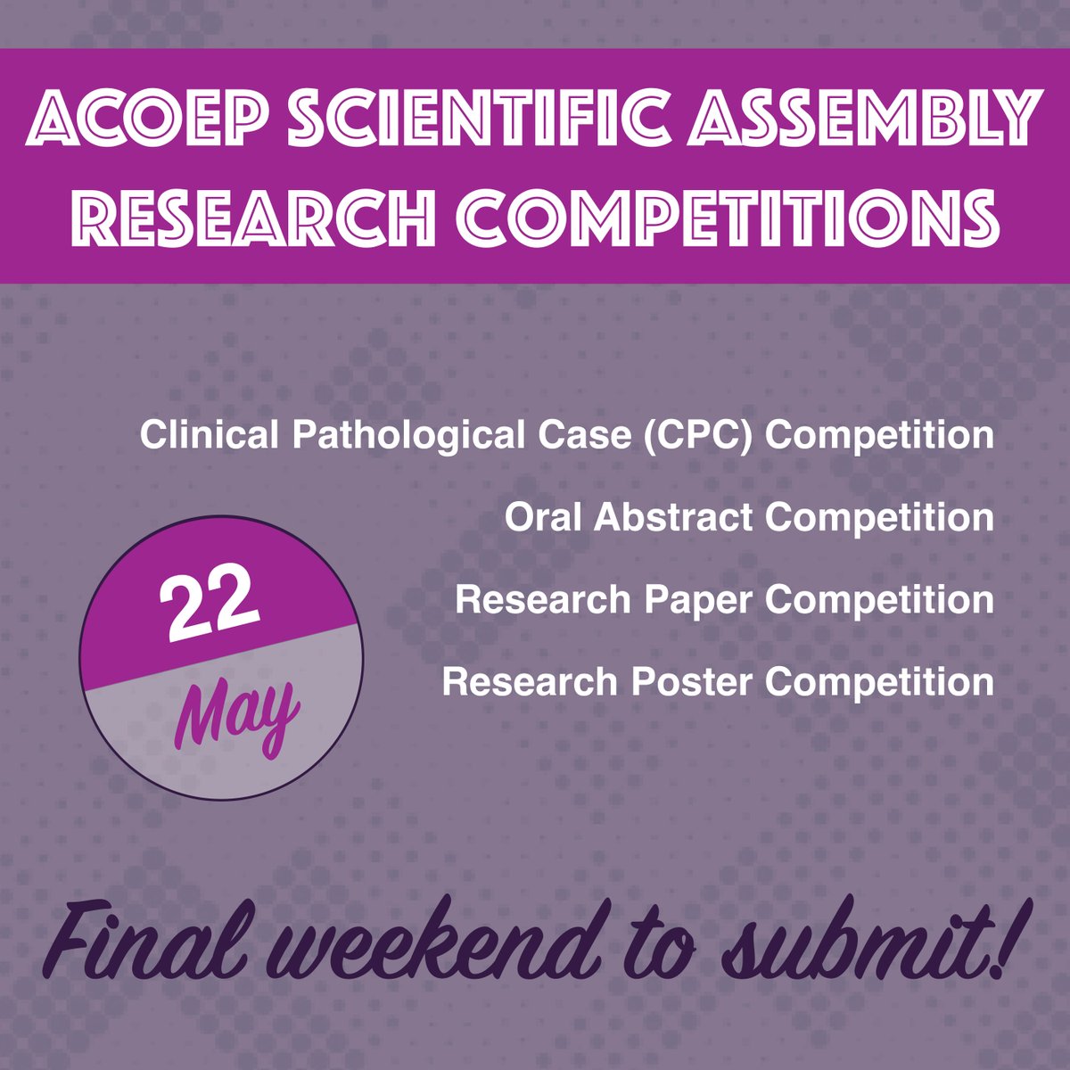 FINAL WEEKEND!! Don't miss out on the opportunity to participate in our research competitions for SA23! Present live and win great prizes! Deadline is Monday, May 22nd. #ACOEP23 ow.ly/3NXa50O2uu7