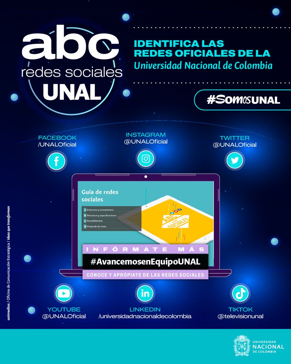 #AvancemosEnEquipoUNAL ¿Ya eres parte de nuestra comunidad en las redes sociales oficiales? Identifica nuestras cuentas oficiales y comienza a ser parte de esta gran #ComunidadUNAL que crece día a día bit.ly/41n1EhS | #SomosUNAL