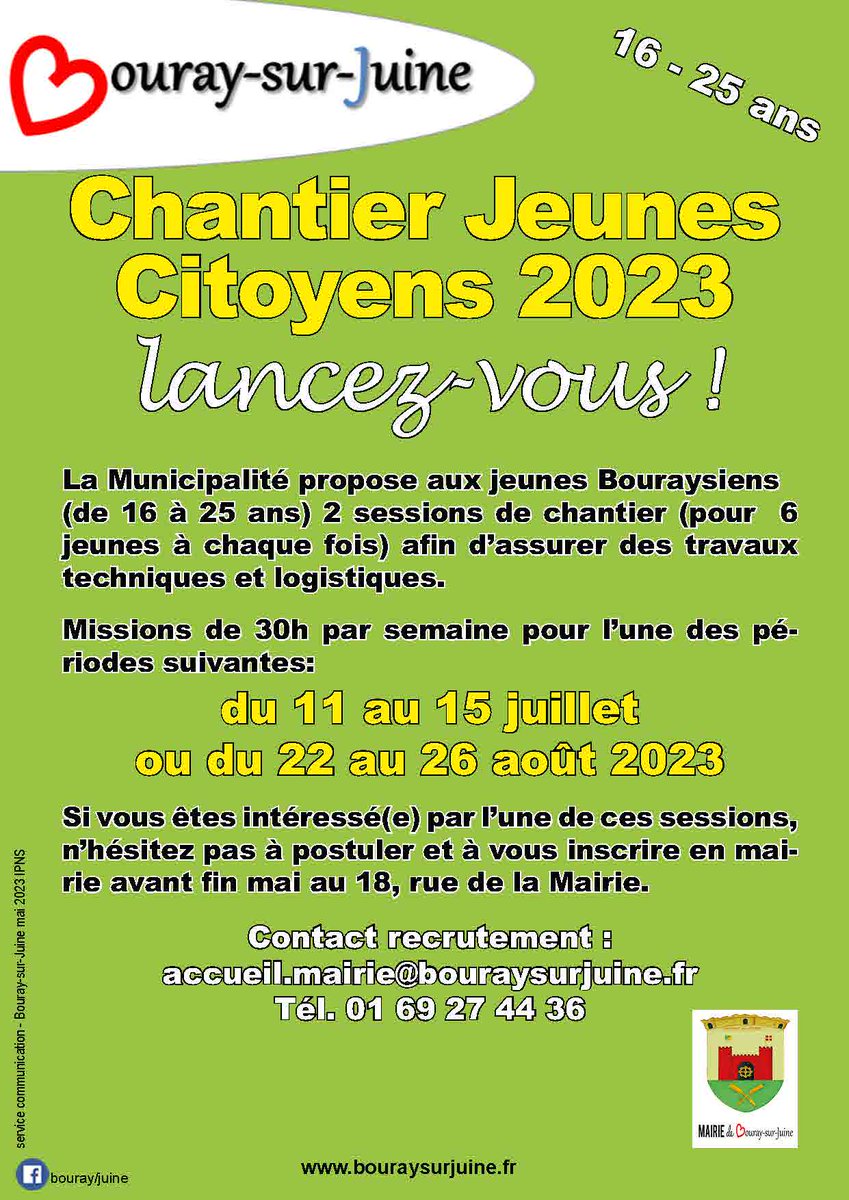 [Chantier Jeunes Citoyens 2023 : lancez-vous !]
Les jeunes Bouraysien(ne)s, de 16 à 25 ans, peuvent postuler à l'une des 2 sessions du Chantier Jeunes Citoyens organisées cet été par la Municipalité. 6 places sont proposées pour chaque session.
Date limite d'inscription le 30 mai