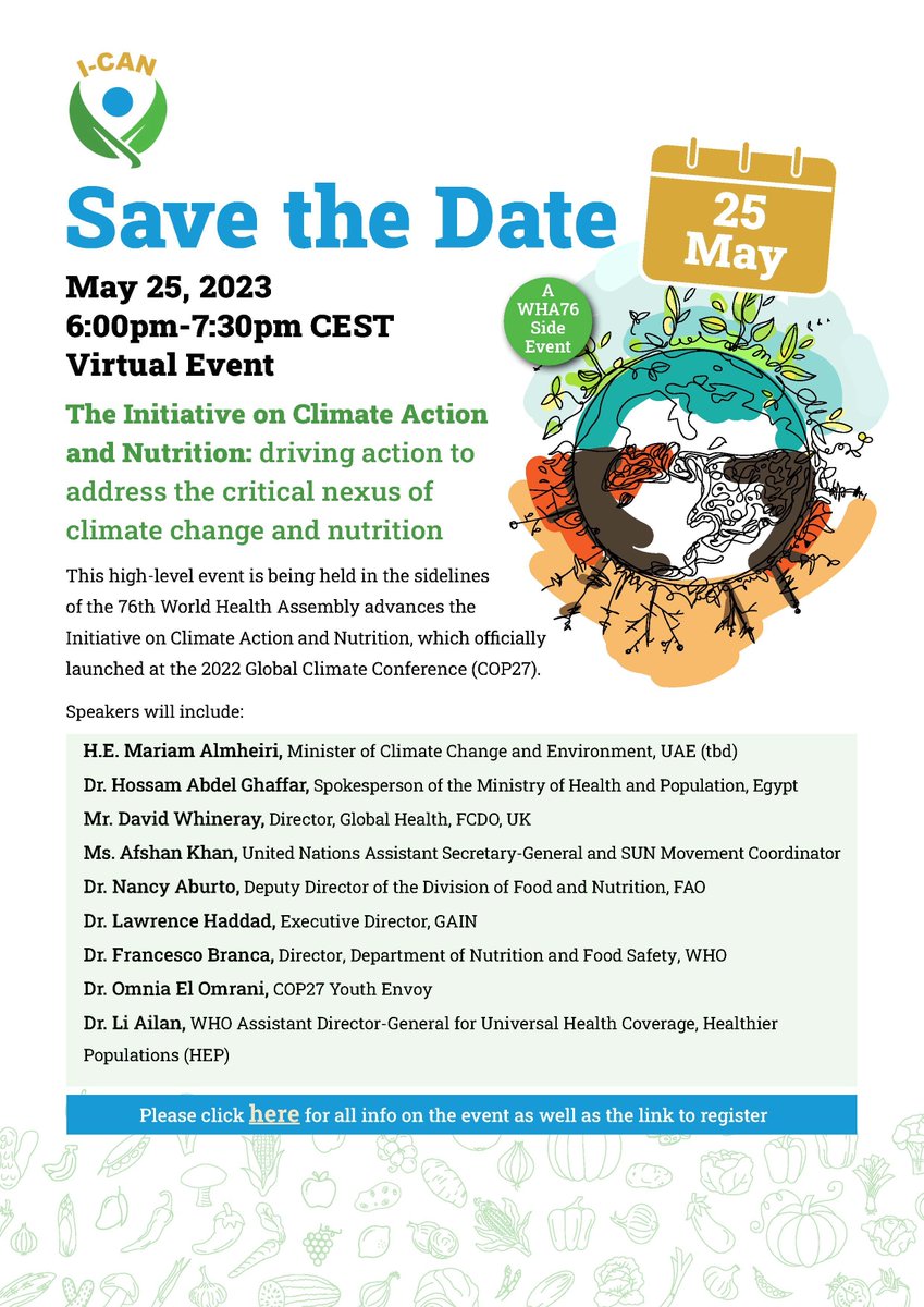 Only a few days to go!

Join <a href="/FAO/">Food and Agriculture Organization</a>, <a href="/GAINalliance/">GAIN</a>, <a href="/SUN_Movement/">Scaling Up Nutrition (SUN) Movement</a>, <a href="/WHO/">World Health Organization (WHO)</a> and our wonderful speakers to learn more about the initiative on #climate change and #nutrition!  

📅 25 May 2023
⏰18 CEST
🔗scalingupnutrition.org/events/confere…