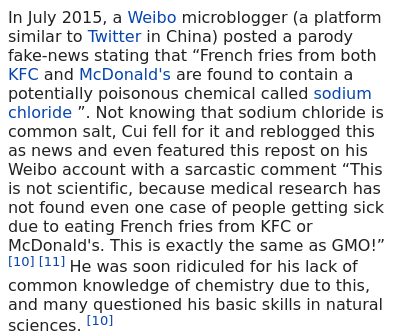 WikiControversy's tweet photo. Cui Yongyuan - Anti-GMO campaign

In September 2013, Cui Yongyuan and Fang Zhouzi had an online debate on the commercialization of GMO foods https://t.co/9pr0sgLEEI
