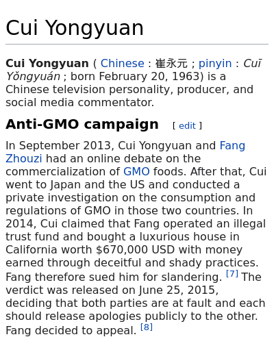 WikiControversy's tweet photo. Cui Yongyuan - Anti-GMO campaign

In September 2013, Cui Yongyuan and Fang Zhouzi had an online debate on the commercialization of GMO foods https://t.co/9pr0sgLEEI