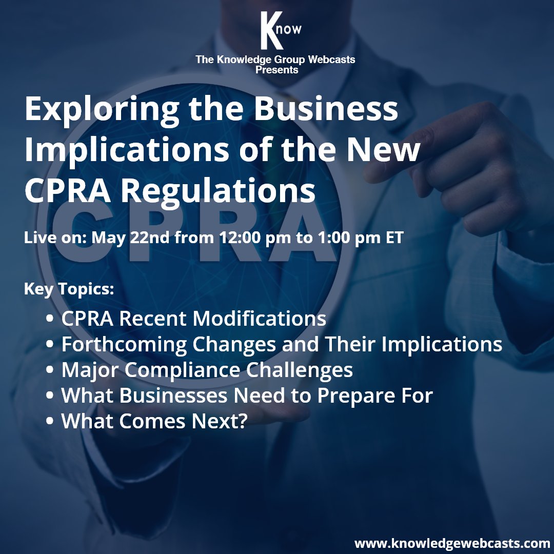 KnowGroupCLECPE's tweet image. At 12 PM ET on Monday, our &quot;Business Implications of the New CPRA Regulations&quot; webcast is going live.

Register: zurl.co/F7S9

Speakers: Jana Terry, JD, CIPP/US of Beckstead Terry Ditto PLLC and Andrea M. Gumushian of @VarnumLaw

#CPRAregulations #CPRA #CLEwebcast #tkg