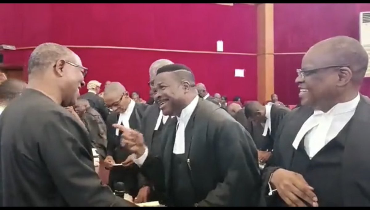Photo of the day: Senior Men sharing a good laugh in the courtroom today. 

 Mr. Peter Obi & Mike Ozekhome SAN.