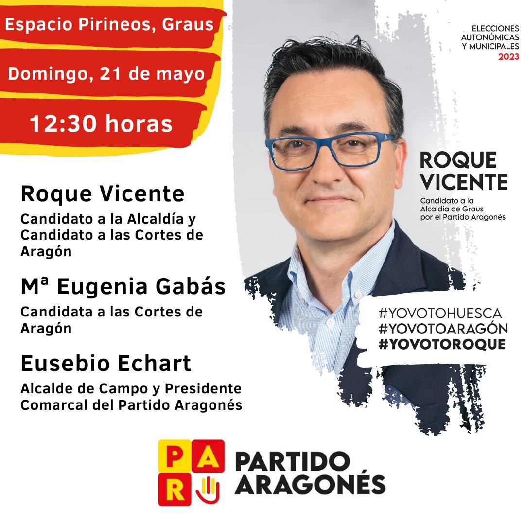 🟡🔴🟡 #PartidoAragonés de #Graus 📢 Os esperamos este domingo, 21 de mayo, a las 12:30 horas en Espacio Pirineos, Graus. <a href="/PARHuesca/">PAR Huesca</a>  <a href="/AragonPAR/">Partido Aragonés</a> #PartidoAragonés #Graus #EleccionesMunicipales2023 #YOVOTOHUESCA #YOVOTARAGÓN #YOVOTOGRAUS #YOVOTOROQUE #YOVOTOPAR