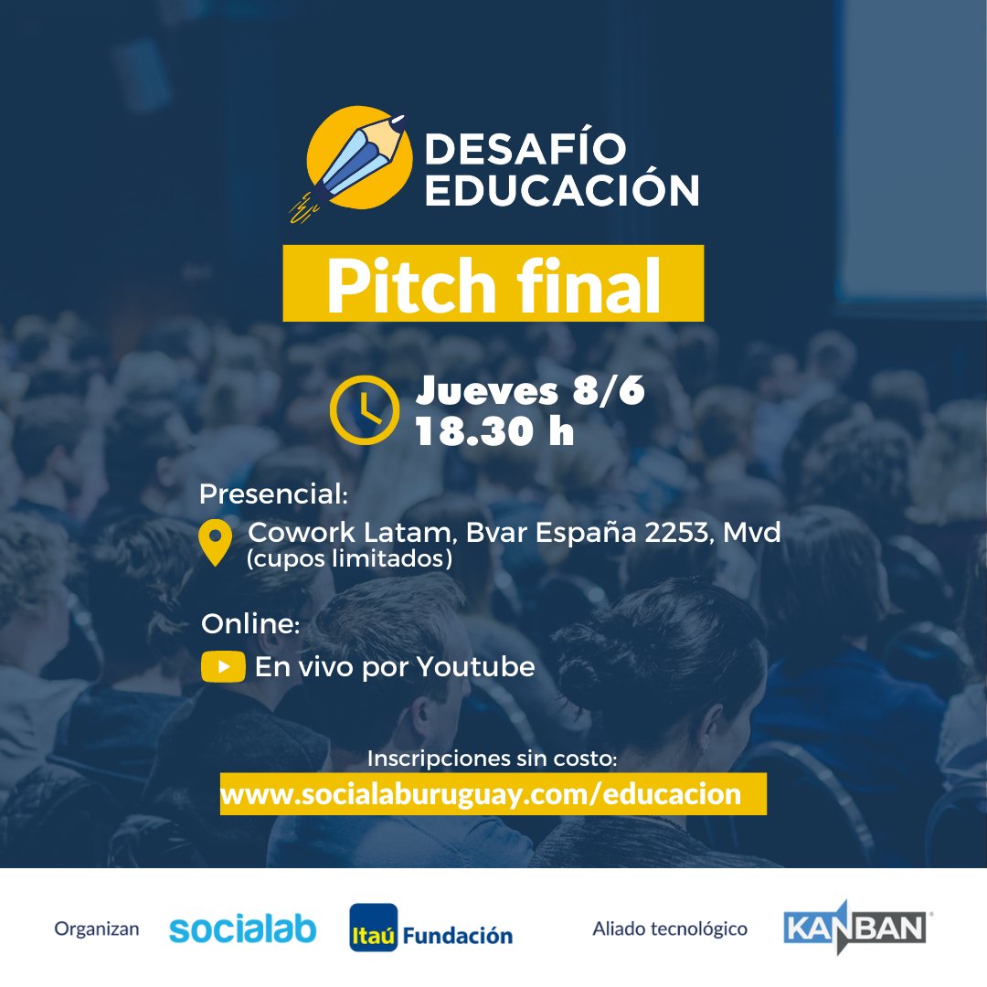 SocialabUy's tweet photo. Se viene el PITCH FINAL del #DesafíoEducación. 🚀 

Sumate para escuchar 5 ideas que a través del uso de la #tecnología dan solución a #problemas educativos.  

✍🏼 Inscripciones en https://t.co/oghSXkzYoT

@KanbanUy @fundacionitauuy https://t.co/UPSL9JV99j