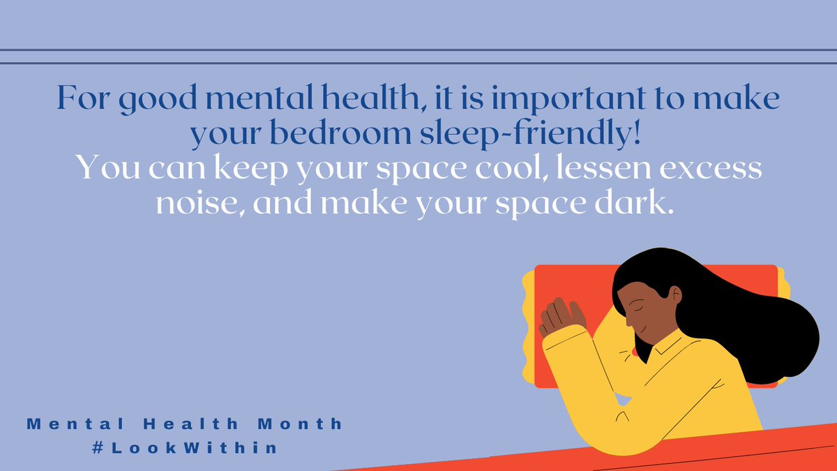 EDCoalition's tweet image. For good #mentalhealth, it is important to make your bedroom sleep-friendly! 

You can keep your space cool, lessen excess noise, and make your space dark. 

#MentalHealthMonth #LookWithin @MentalHealthAm @EDCoalition