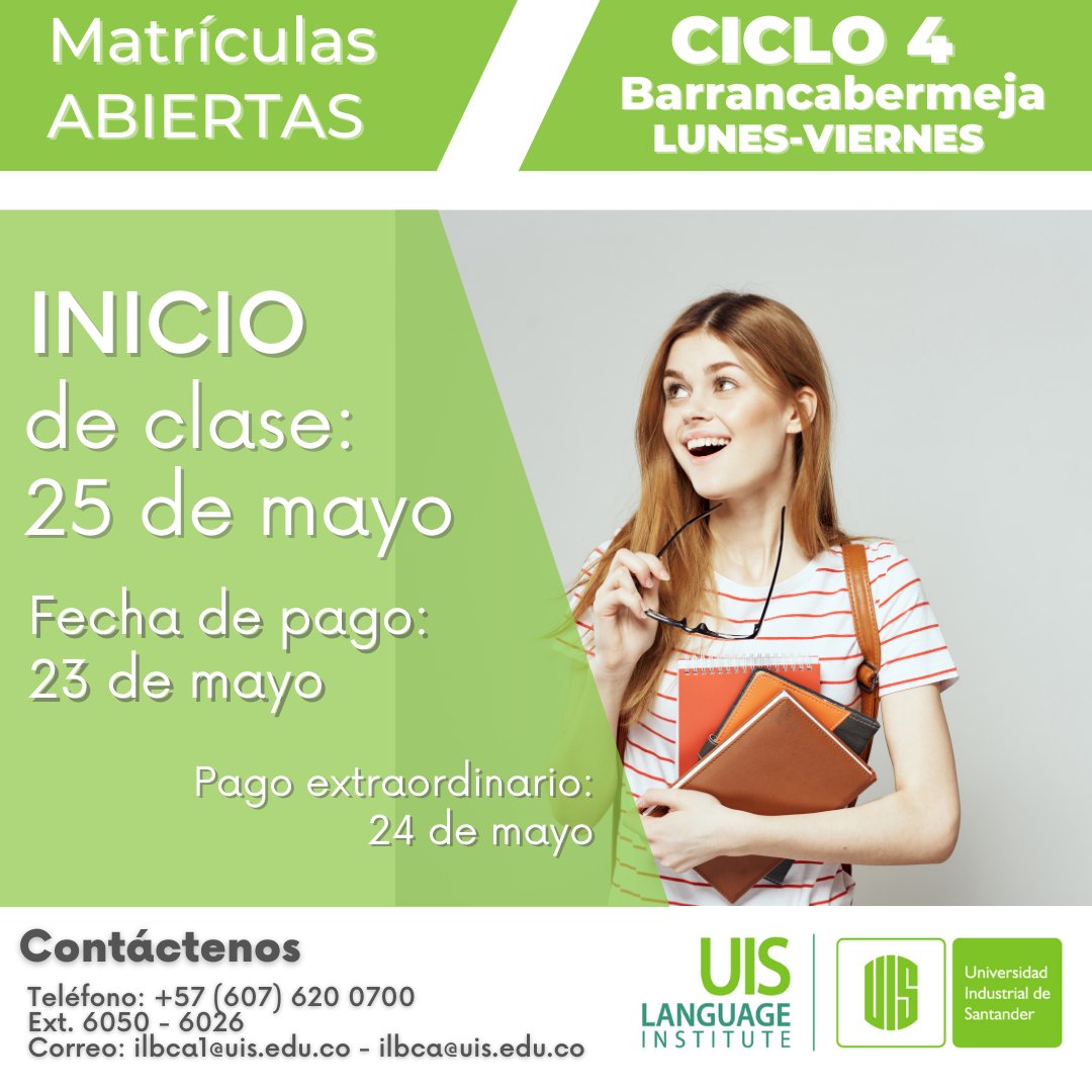 #Atención Inicio de ciclo 4 en la #UISBarrancabermeja 📷
Más información📷
Teléfono: (607) 6200700 ext. 6050-6026
ilbca1@uis.edu.co - ilbca@uis.edu.co
Instituto de Lenguas UIS #cursosdeingles #ingles