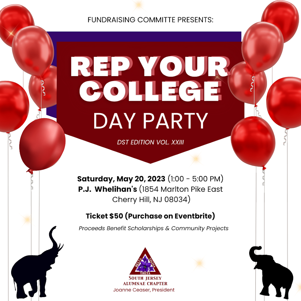 Our annual Rep Your College Day Party is BACK! We'll be at P.J. Whelihan's in Cherry Hill on Saturday, May 20th with sisterhood and hope to see you there. Tickets can be purchased -Eventbrite at buff.ly/40f4WTL/ to support our scholarships and community projects. #DST1913