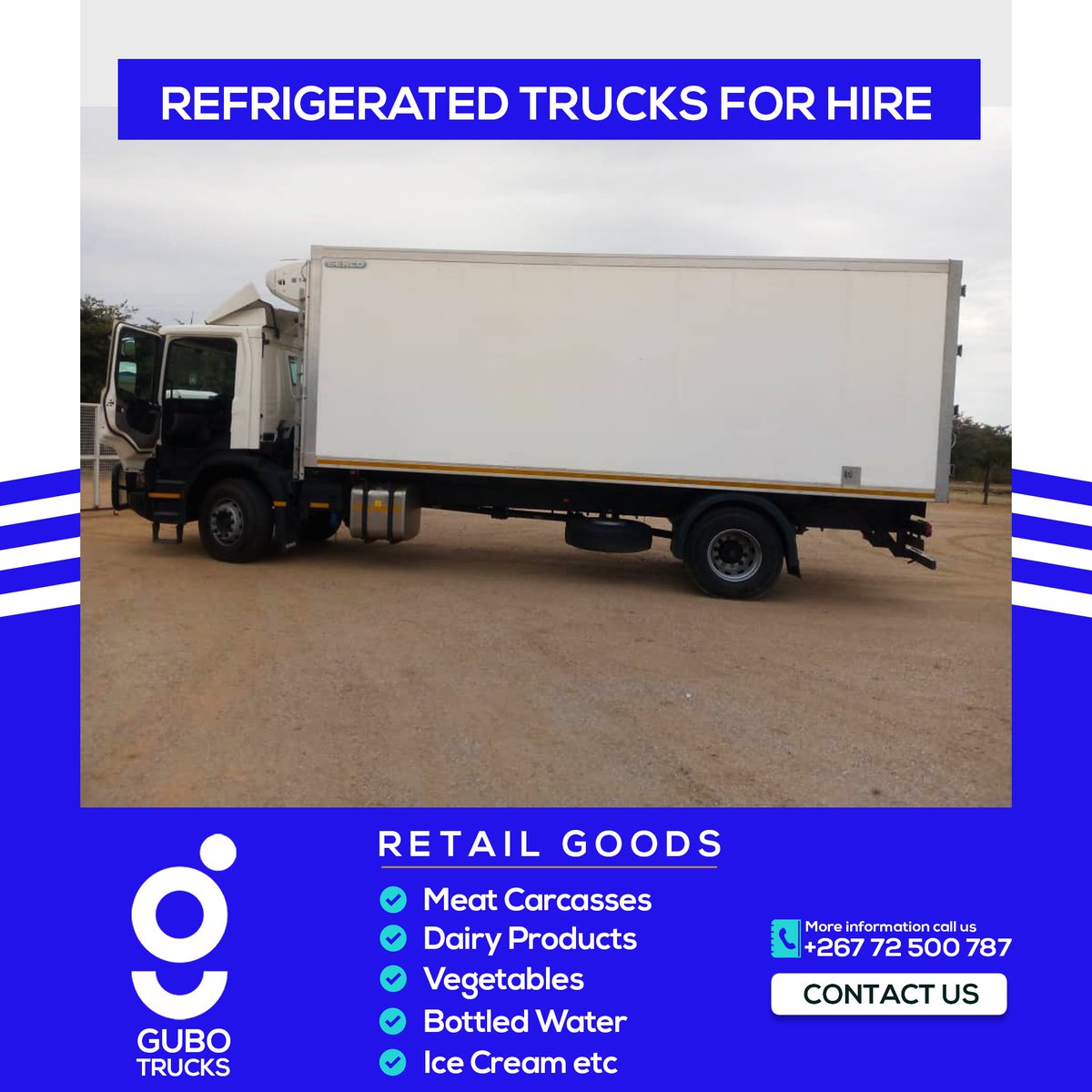 Gubo Trucks provides temperature controlled and controlled atmosphere services, across the supply chain, delivering cargo to destination in perfect condition. 

#GuboTrucks #Logistics #Distribution #BotswanaBrand #PushaBW #SupportLocal