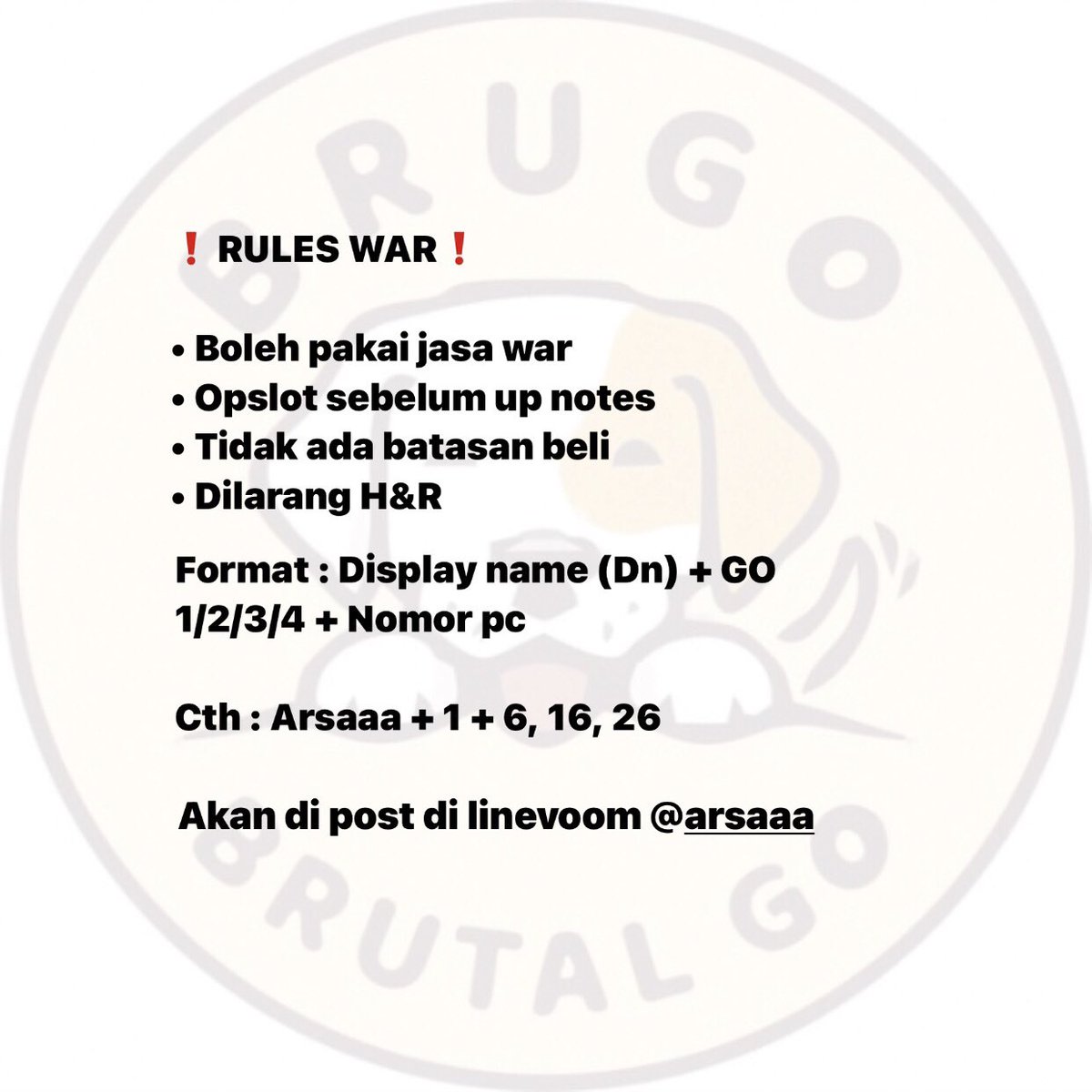 gobrutal's tweet photo. WAR READY INA #50
[Harga bersih INA, tidak ada biaya TAX]

🗓️ Minggu, 20 Mei 2023
⏳ 19:00 WIB 
📍 Denpasar Bali
❗️ Rules ada di pict kedua

Format : 
Dn line + GO 1/2/3/4 + nomor pc 

Cth : 
Arsaaa + 1 + 6, 16, 26

[HELP RT] https://t.co/pY3YhcdenN