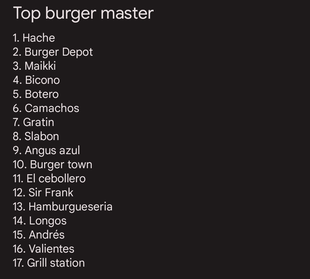 Hasta aquí mi top este año del burger master en Bogotá! 

Que sorpresa tener unos sabores tan ricos en una hamburguesa, bien por hache.

Depot tenía un conjunto muy rico, buen queso, buena salsa y buen pan.

Maikki pfff el pan, sin duda el mejor pan de todas las que probé. 🤤