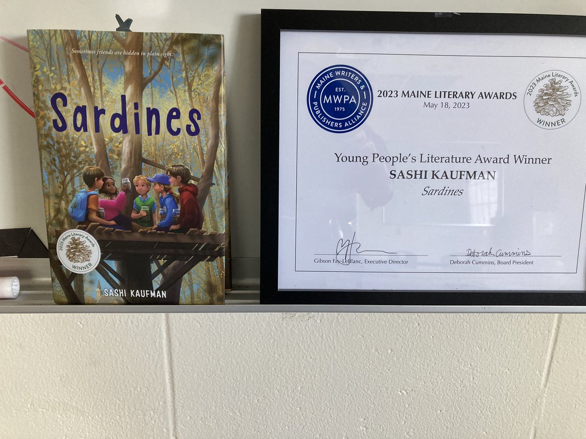 Sardines is sporting a fancy new sticker this morning! Thanks to @MaineWriters for this wonderful honor!!! @QuillTreeBooks @Lauren_MacLeod @alexandra_coops
